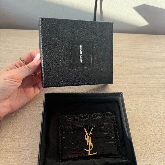 NWT Saint Laurent YSL Card Holder Croco-embossed Patent Leather Black - Picture 3 of 8